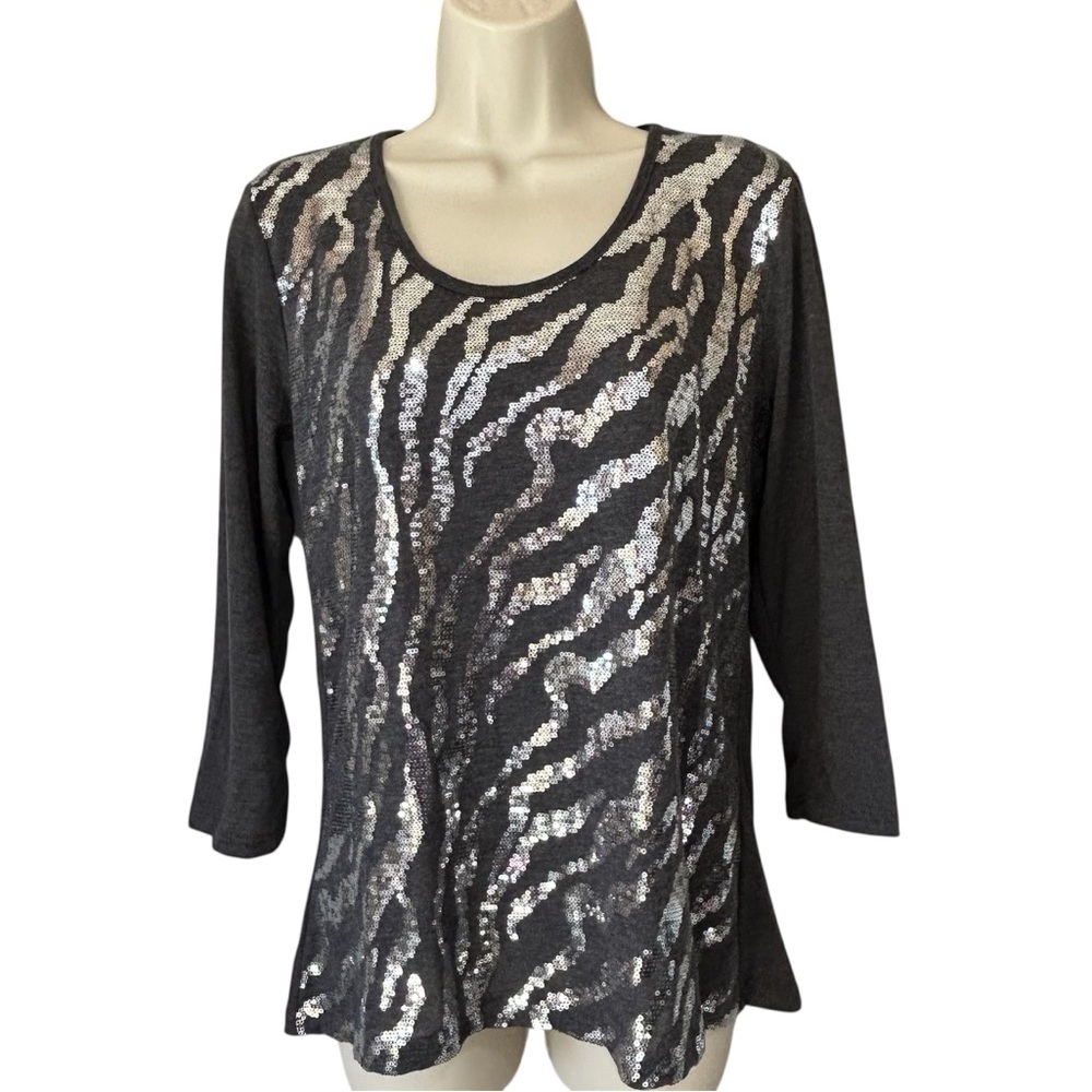 VTG New Susan Lawrence Women's PL Top Grey Zebra Print Sequined Long Sleeve Soft